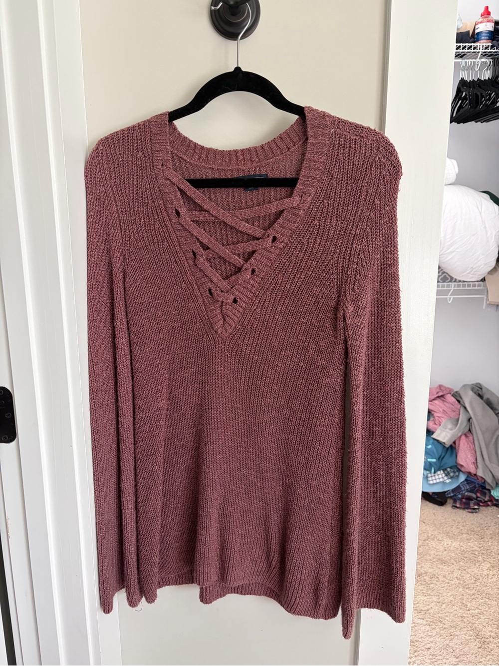 American Eagle Outfitters Lace-Up V-Neck Knit Sweater - Dusty Mauve